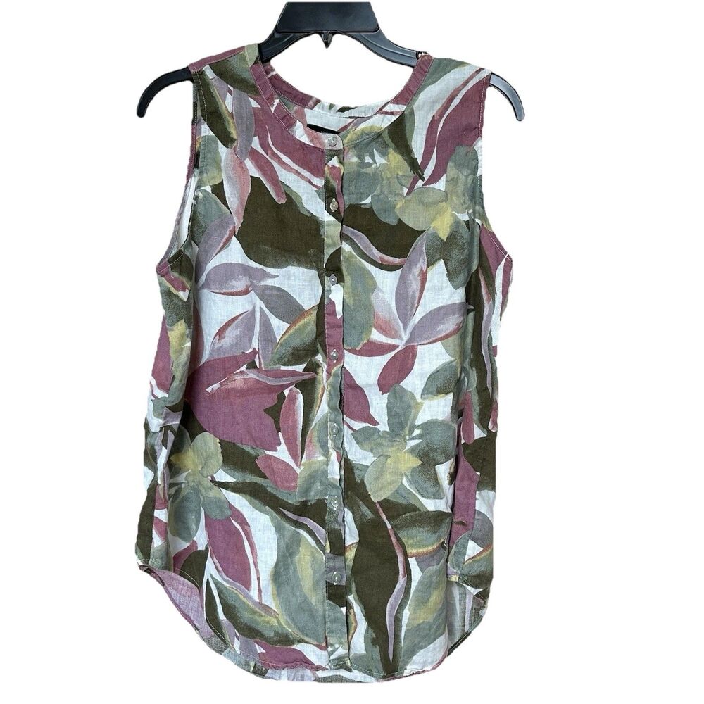 Linen Tahari Top Women’s Lg Button Up Sleeveless Tropical Floral Summer Resort